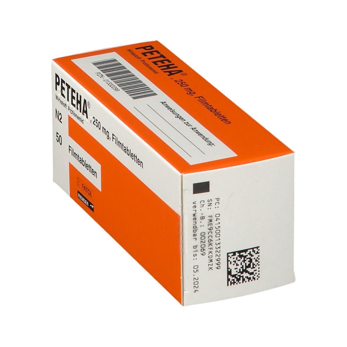 Schachtel PETEHA, 250 mg Filmtabletten. Orange-weiß. Barcode, Verfallsdatum 05.2024. N2, 50 Tabletten.