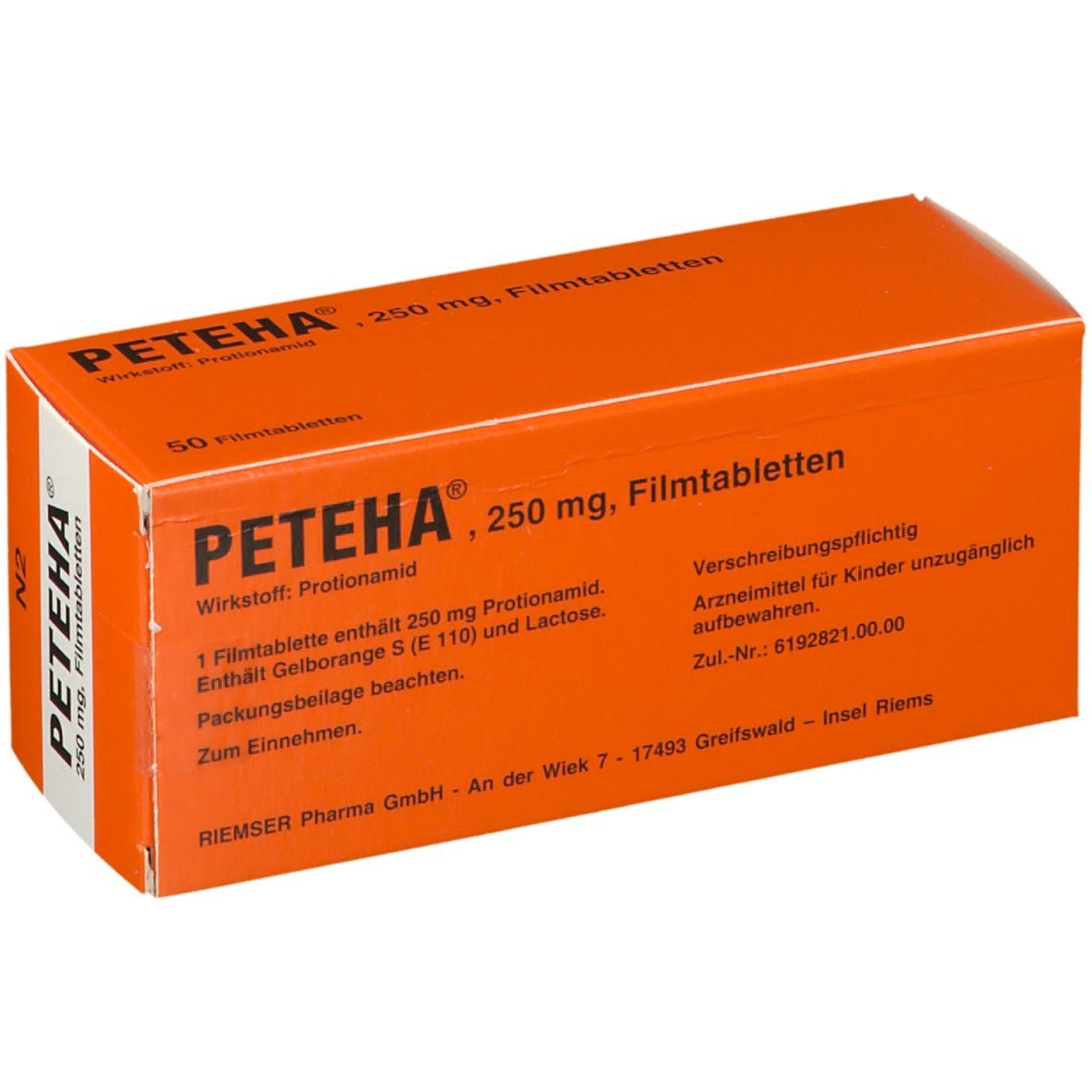 Orange-weiße Schachtel PETEHA, 250 mg Filmtabletten. Enthält 50 Tabletten. Text: Wirkstoff: Protionamid.