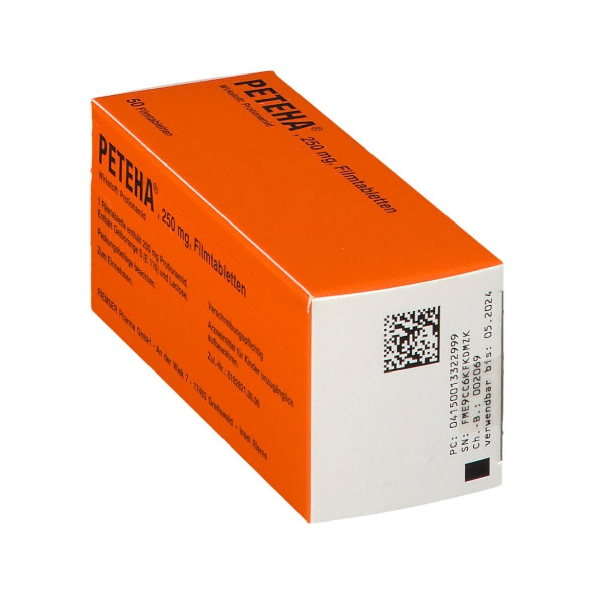 Schachtel PETEHA, 250 mg Filmtabletten. Orange-weiß. Barcode, Verfallsdatum 05.2024. N2, 50 Tabletten.