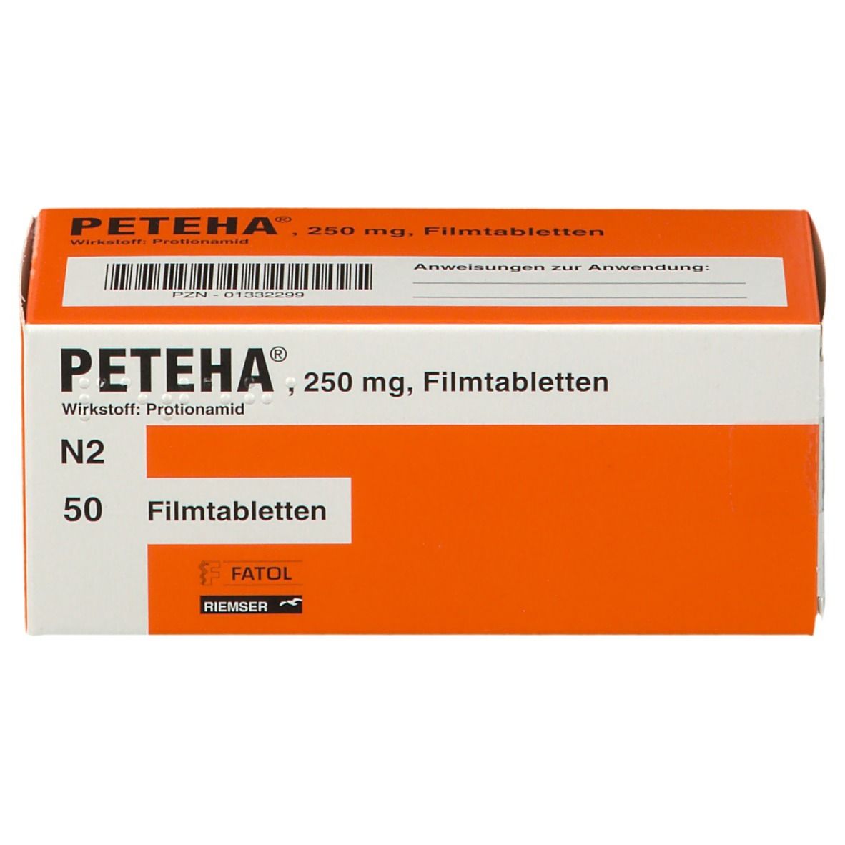 Orange-weiße Schachtel PETEHA, 250 mg Filmtabletten. N2, 50 Tabletten. FATOL-Logo.