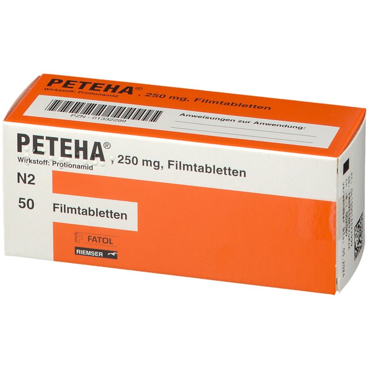 Schachtel PETEHA, 250 mg Filmtabletten. Orange-weiß. Barcode, Verfallsdatum 05.2024. N2, 50 Tabletten.