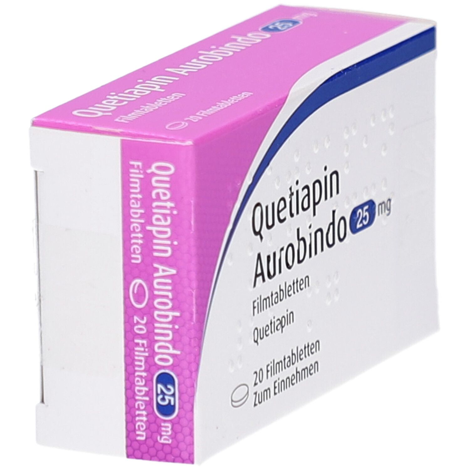 Verpackung von Quetiapin Aurobindo 25 mg Filmtabletten, 20 Stück.