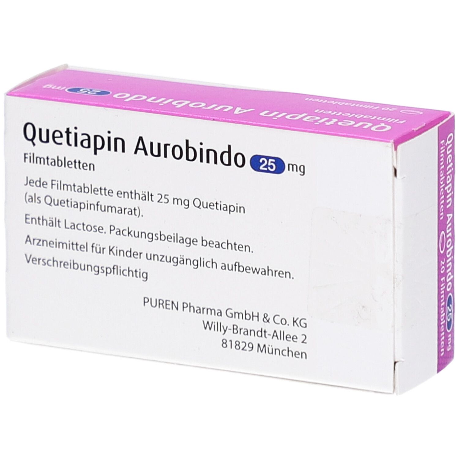 Rückseite der Verpackung von Quetiapin Aurobindo 25 mg Filmtabletten, PUREN Pharma GmbH.
