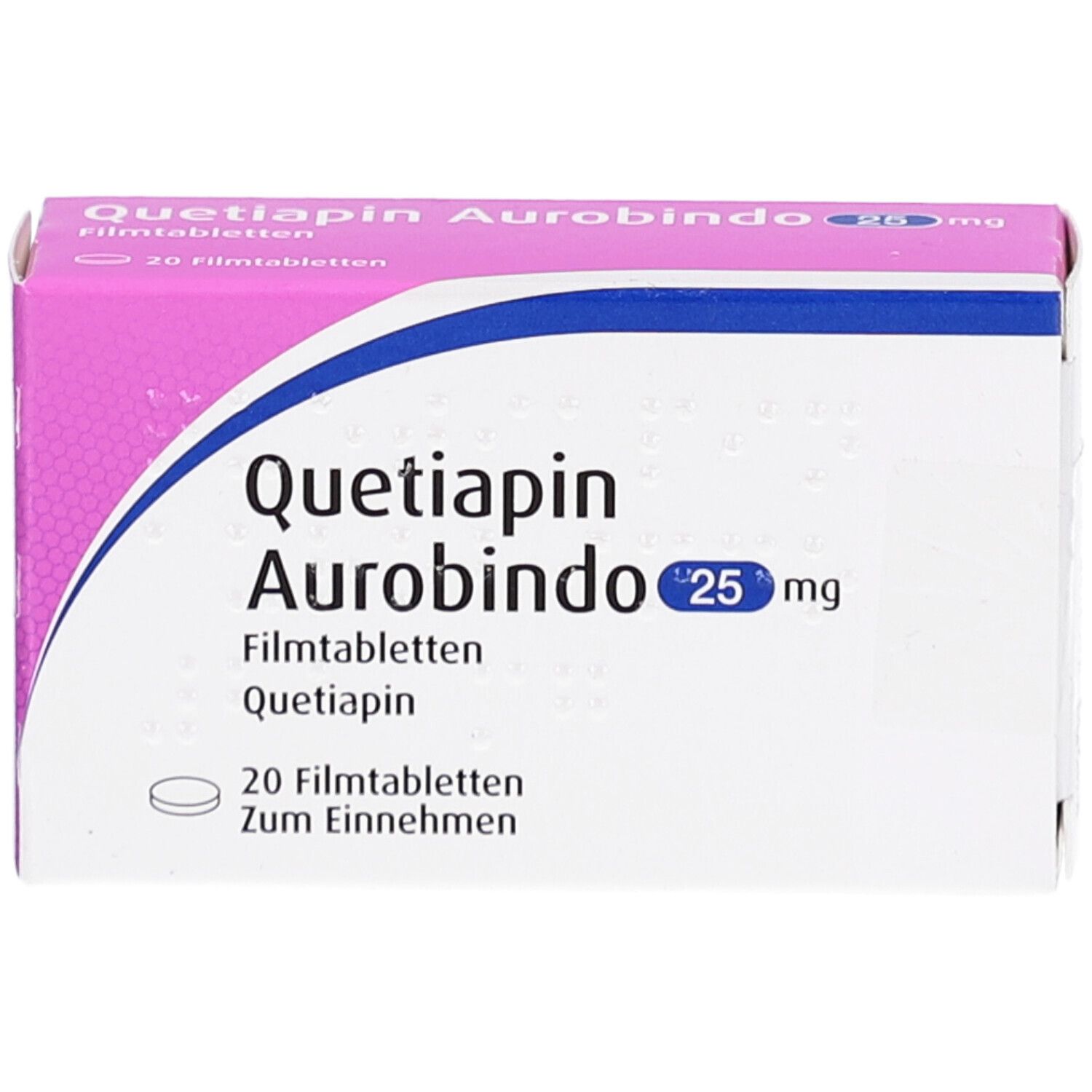 Vorderseite der Verpackung von Quetiapin Aurobindo 25 mg Filmtabletten, 20 Stück.