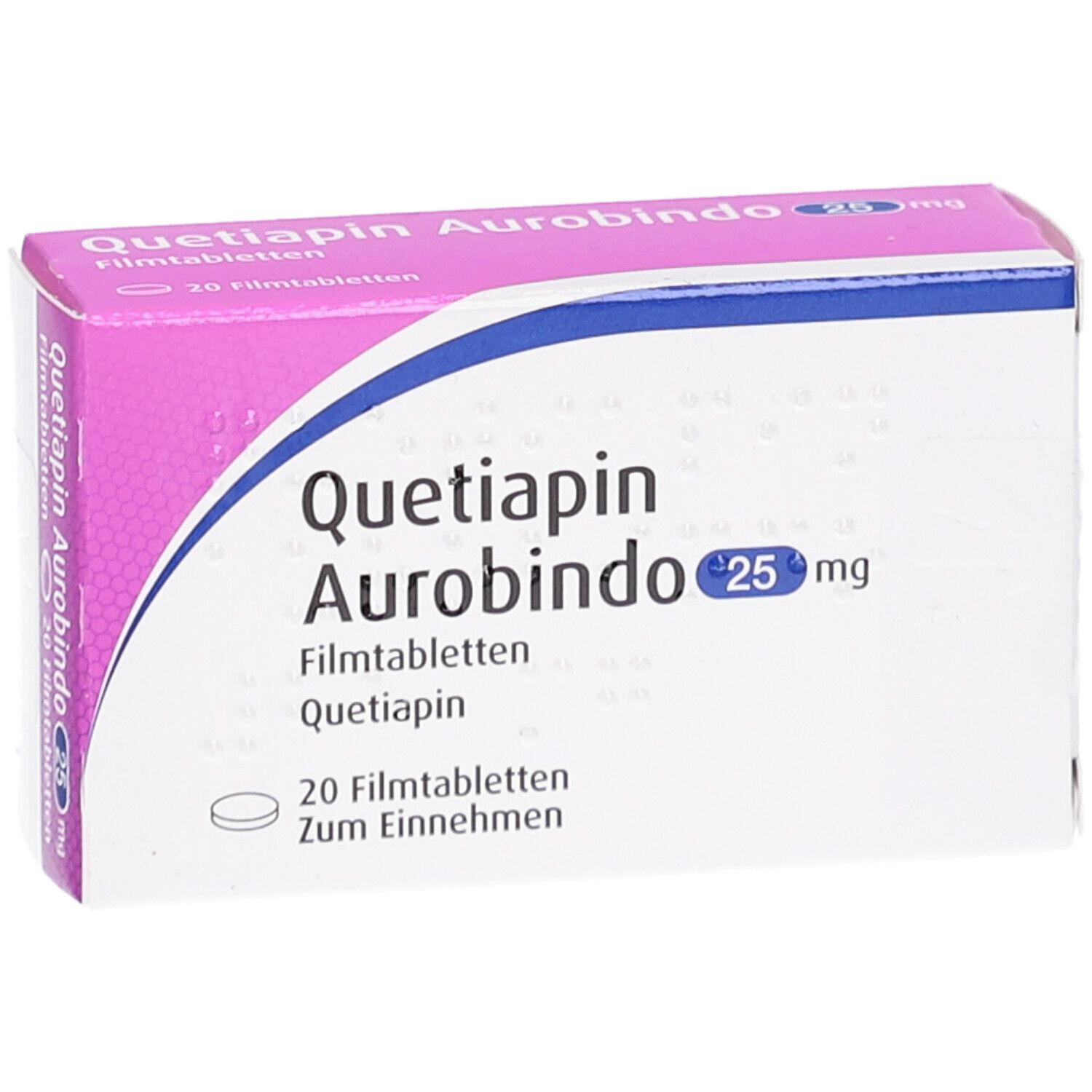Verpackung von Quetiapin Aurobindo 25 mg Filmtabletten, 20 Stück, mit rosa und weißem Design.