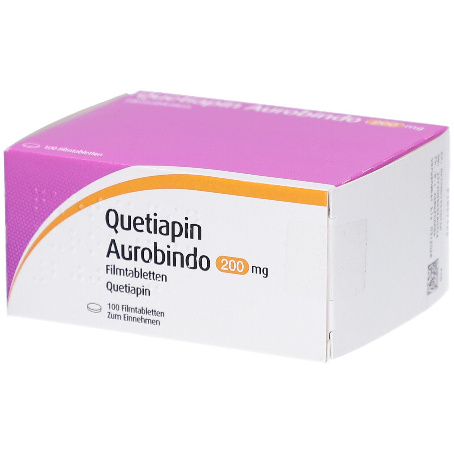 Quetiapin Aurobindo 200 mg Filmtabletten-Packung. Weiße Schachtel mit lila Deckel. Schriftzug und Logo.