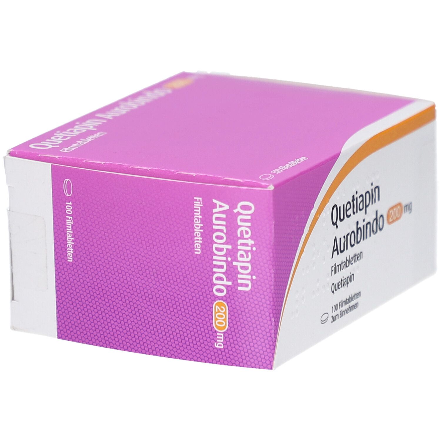 Quetiapin Aurobindo 200 mg Filmtabletten-Packung. Weiße Schachtel mit lila Deckel. Schriftzug und Logo.