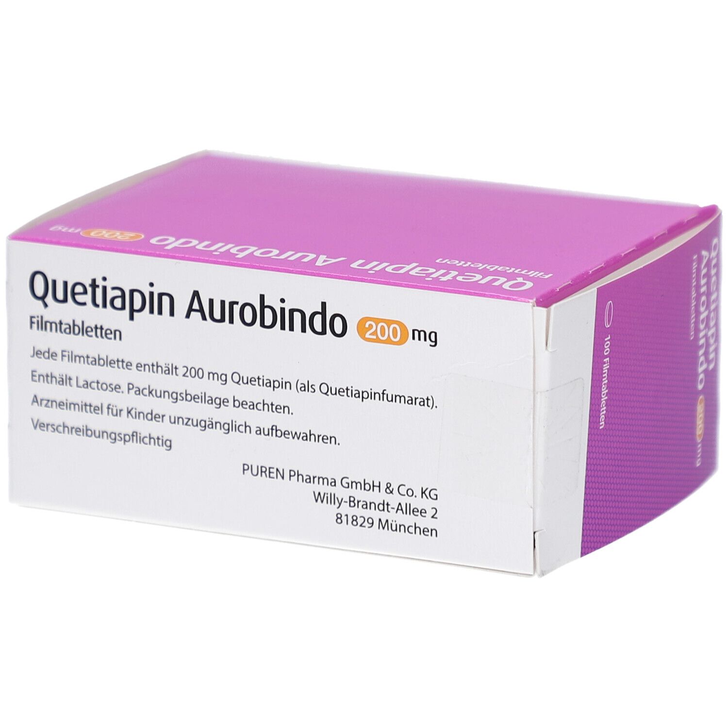 Quetiapin Aurobindo 200 mg Filmtabletten-Packung. Weiße Schachtel mit lila Deckel. Text und Logo.