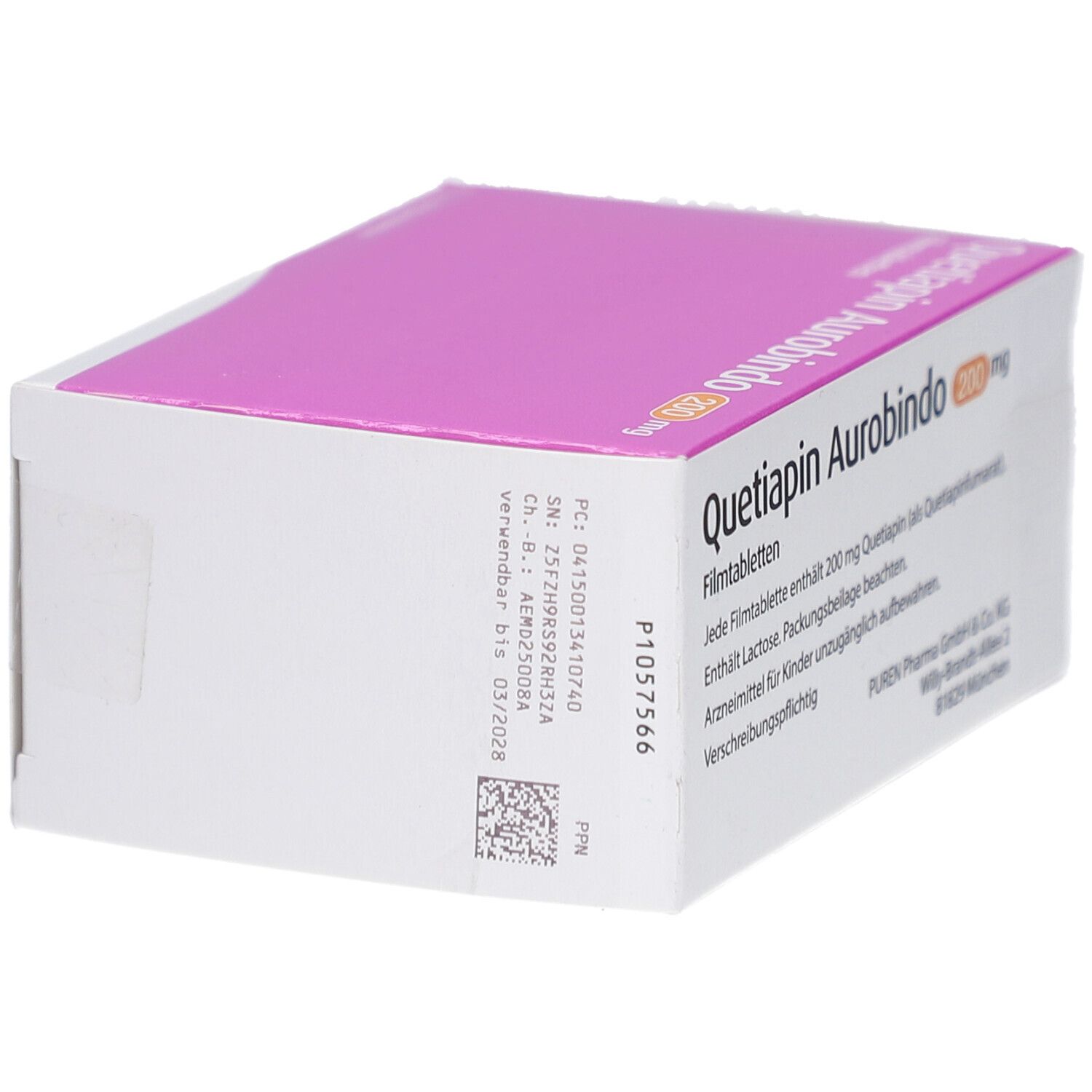 Quetiapin Aurobindo 200 mg Filmtabletten-Packung. Weiße Schachtel mit lila Deckel. Text und Logo.
