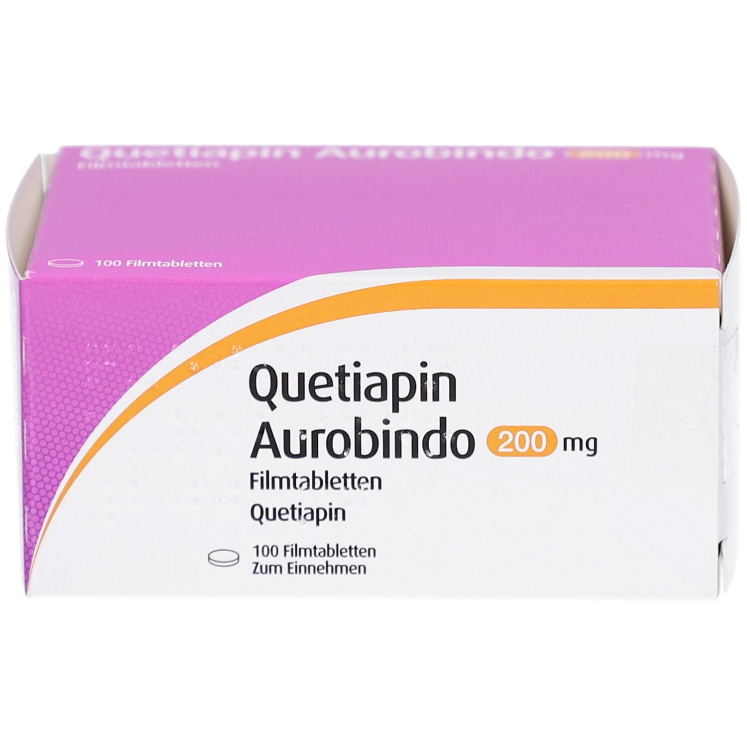Quetiapin Aurobindo 200 mg Filmtabletten-Packung. Weiße Schachtel mit lila Deckel. Text und Logo.