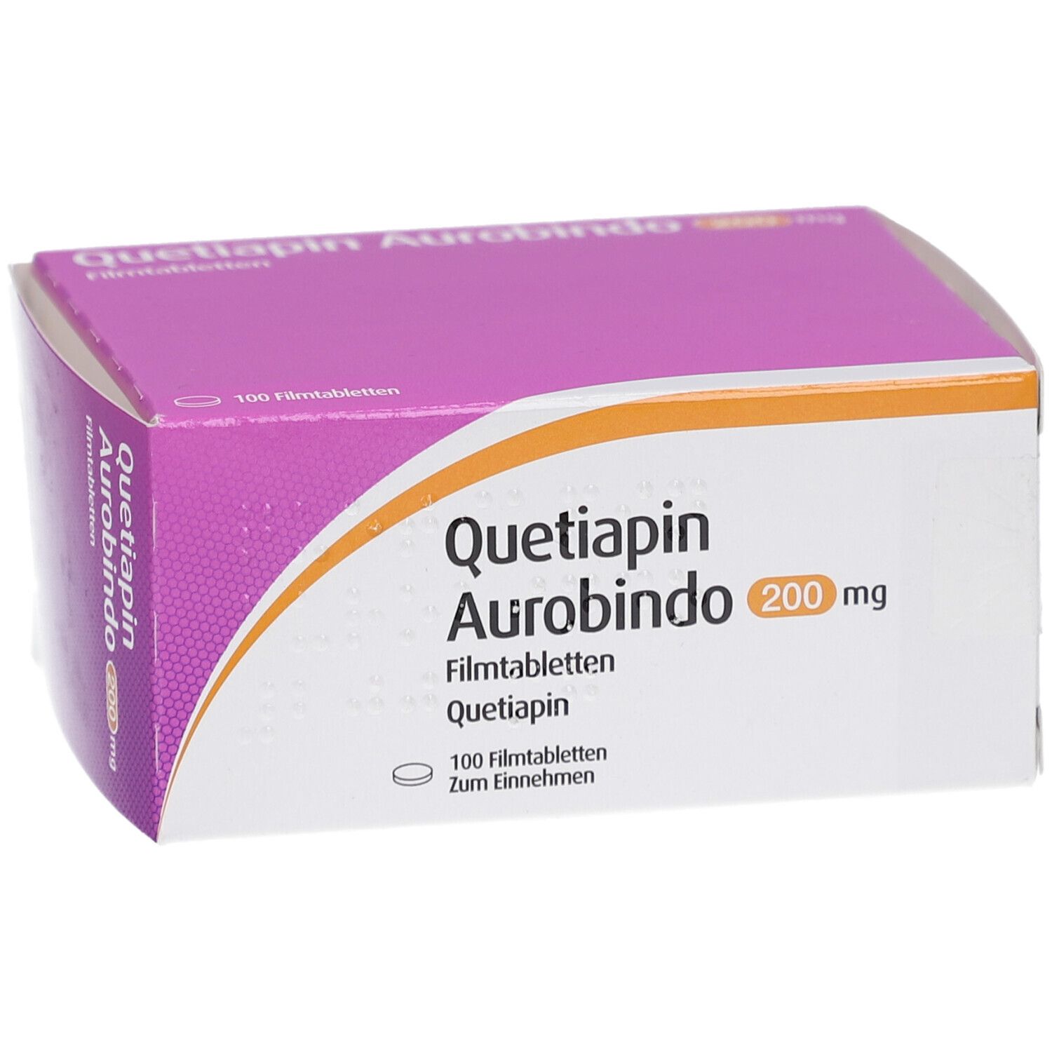Quetiapin Aurobindo 200 mg Filmtabletten-Packung. Weiße Schachtel mit lila Deckel. Text und Logo.