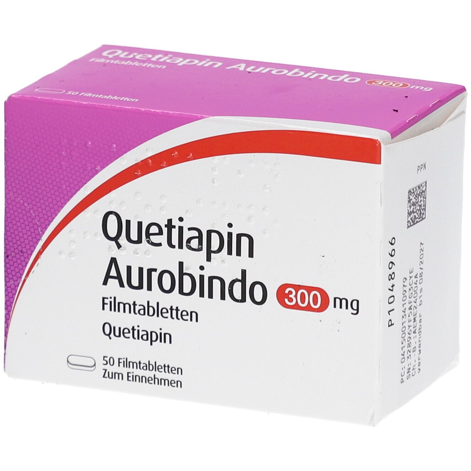 Schachtel mit "Quetiapin Aurobindo 300 mg Filmtabletten". Rosa-weiße Verpackung mit Produktnamen und Dosierung.