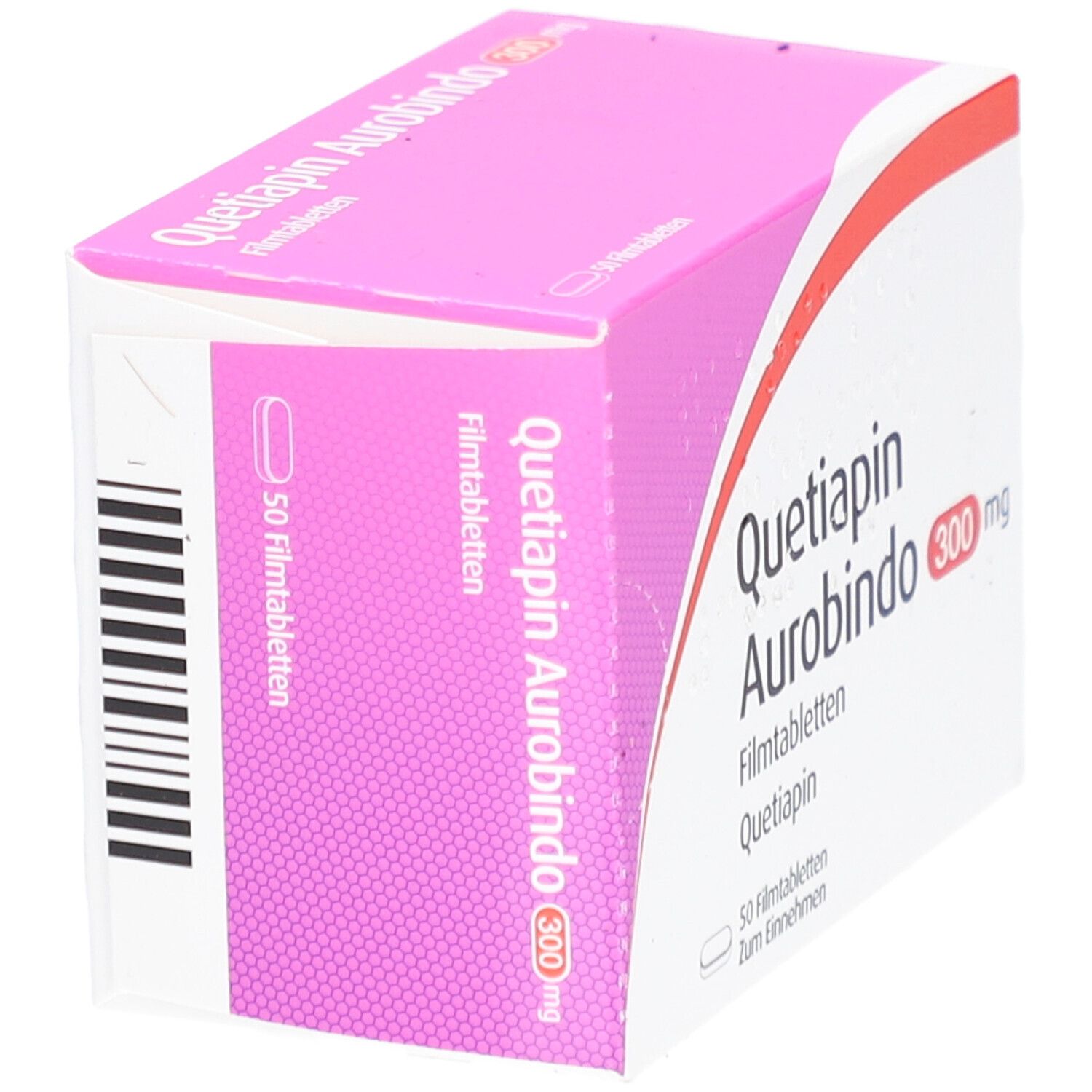 Schachtel "Quetiapin Aurobindo 300 mg Filmtabletten". Rosa-weiße Verpackung, seitliche Ansicht mit Produktnamen und Dosierung.
