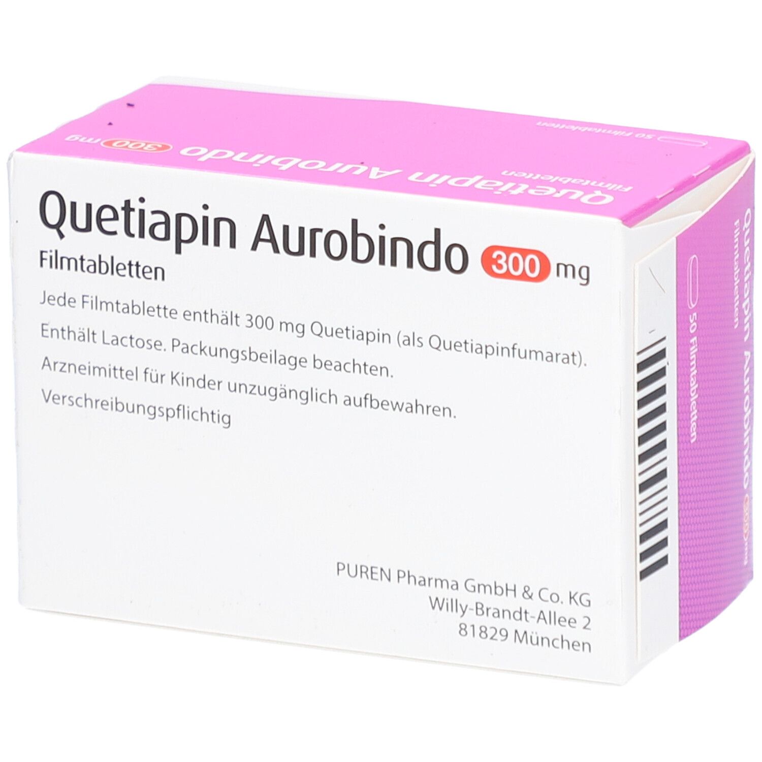 Schachtel "Quetiapin Aurobindo 300 mg Filmtabletten". Text auf weißem Hintergrund, Produktname, Dosierung, Inhaltsstoffe.