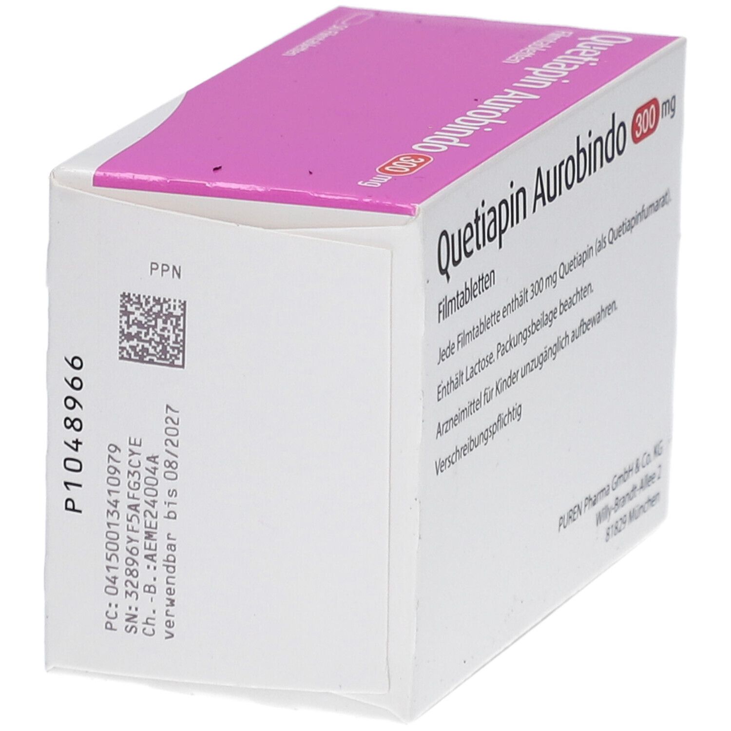 Schachtel "Quetiapin Aurobindo 300 mg Filmtabletten". Rückseite mit Informationen, Barcode und Verfallsdatum.