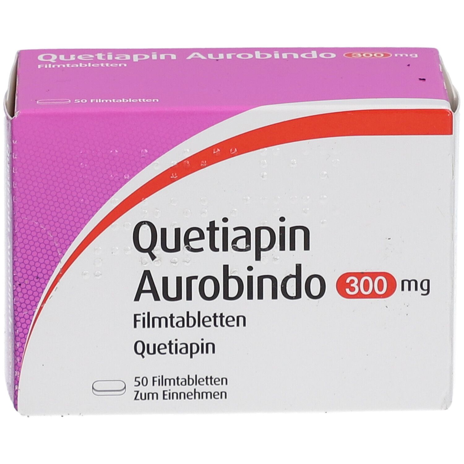 Schachtel "Quetiapin Aurobindo 300 mg Filmtabletten". Rosa-weiße Verpackung, Produktname und Dosierung deutlich sichtbar.