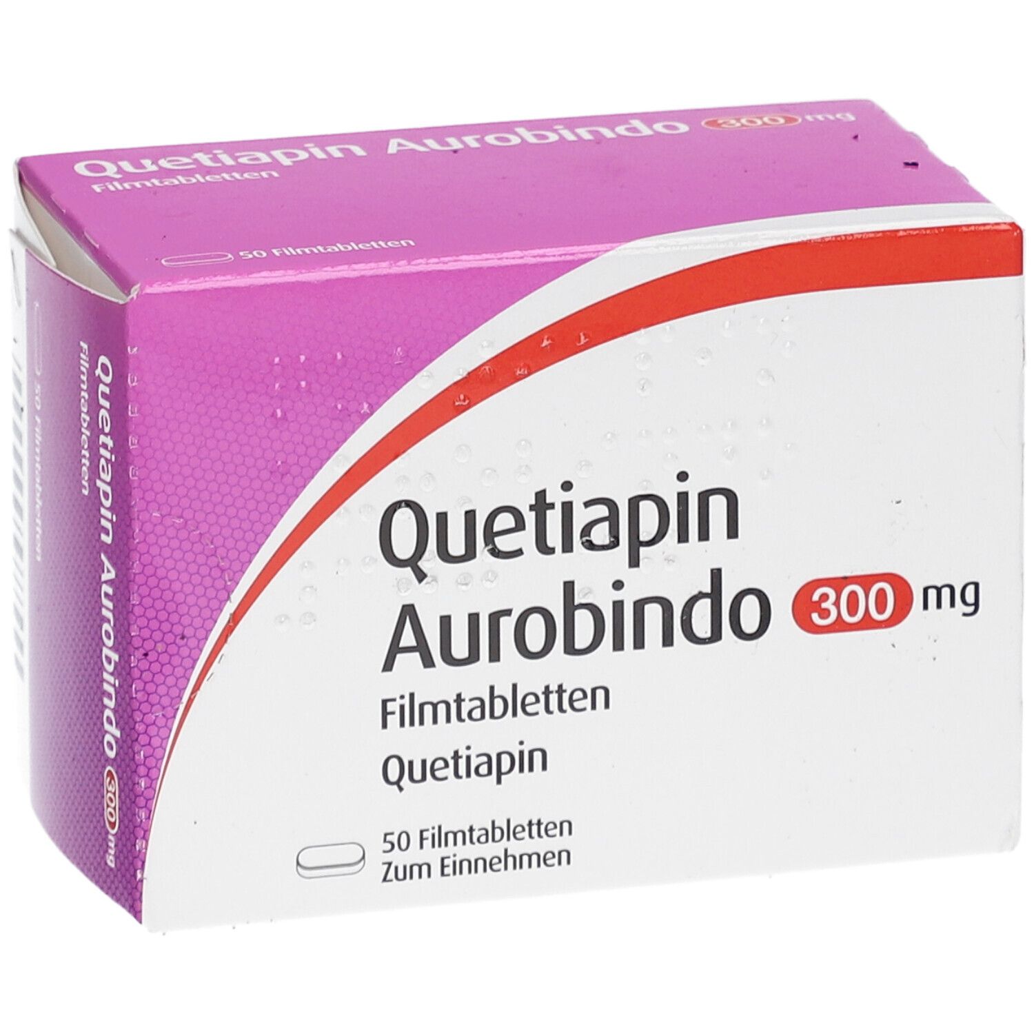 Schachtel "Quetiapin Aurobindo 300 mg Filmtabletten". Rosa-weiße Verpackung, Produktname und Dosierung.