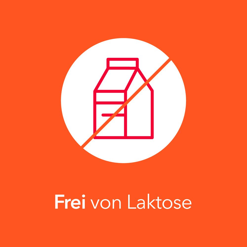 Symbol: Milchpackung mit rotem Durchstreich. Text: Frei von Laktose.