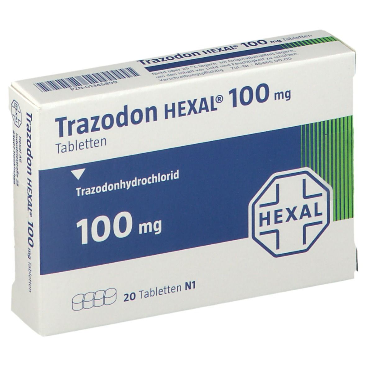 Schachtel Trazodon HEXAL® 100 mg Tabletten. Aufschrift: Trazodonhydrochlorid, 100 mg, 20 Tabletten. HEXAL-Logo.