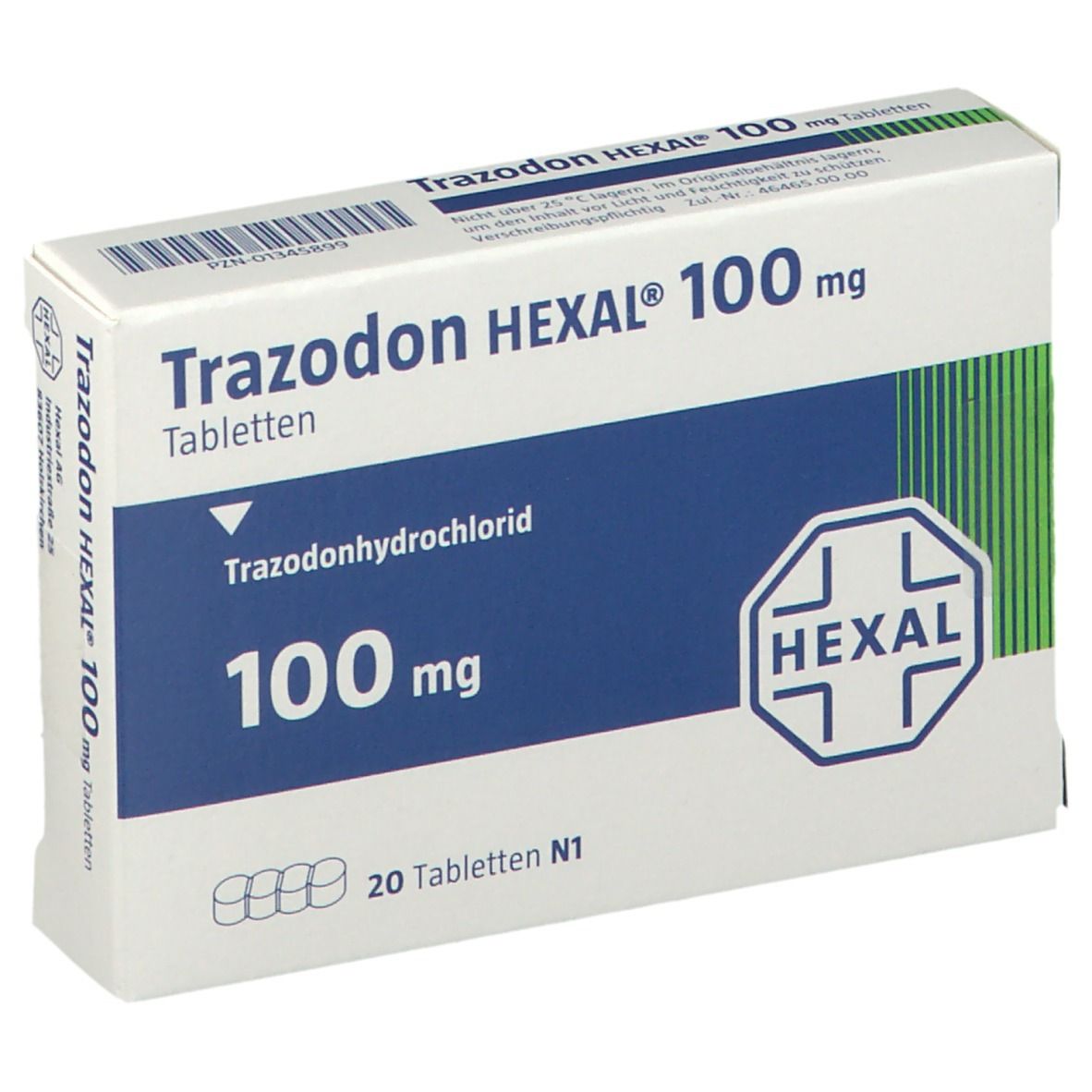 Schachtel Trazodon HEXAL® 100 mg Tabletten. Aufschrift: Trazodonhydrochlorid, 100 mg, 20 Tabletten. HEXAL-Logo.