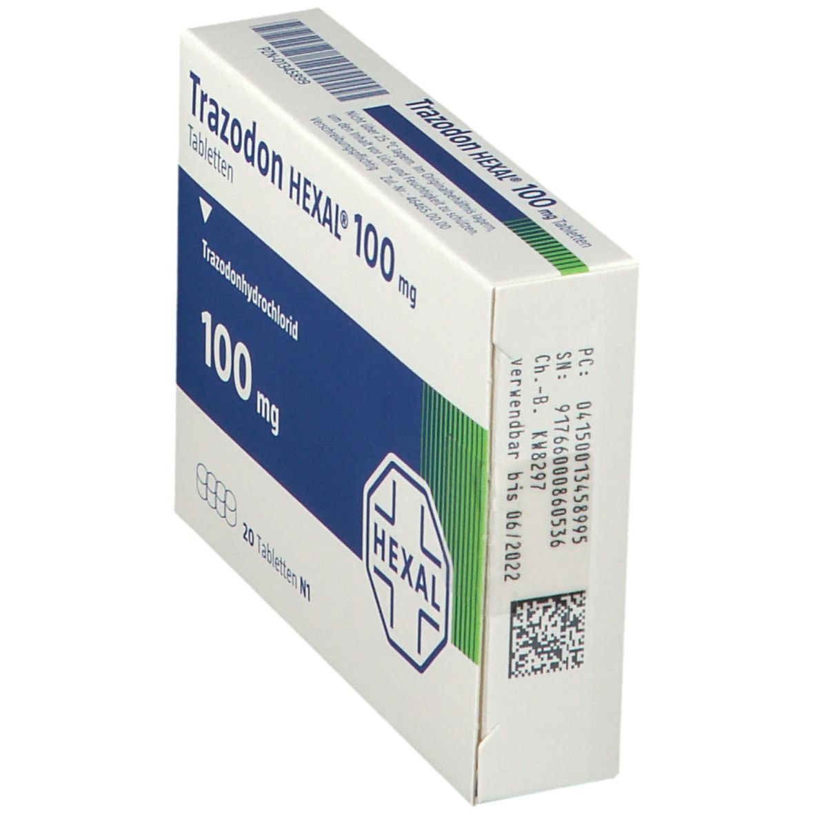 Schachtel Trazodon HEXAL® 100 mg Tabletten, schräg. Aufschrift: Trazodonhydrochlorid, 100 mg, 20 Tabletten. HEXAL-Logo. Barcode und QR-Code.