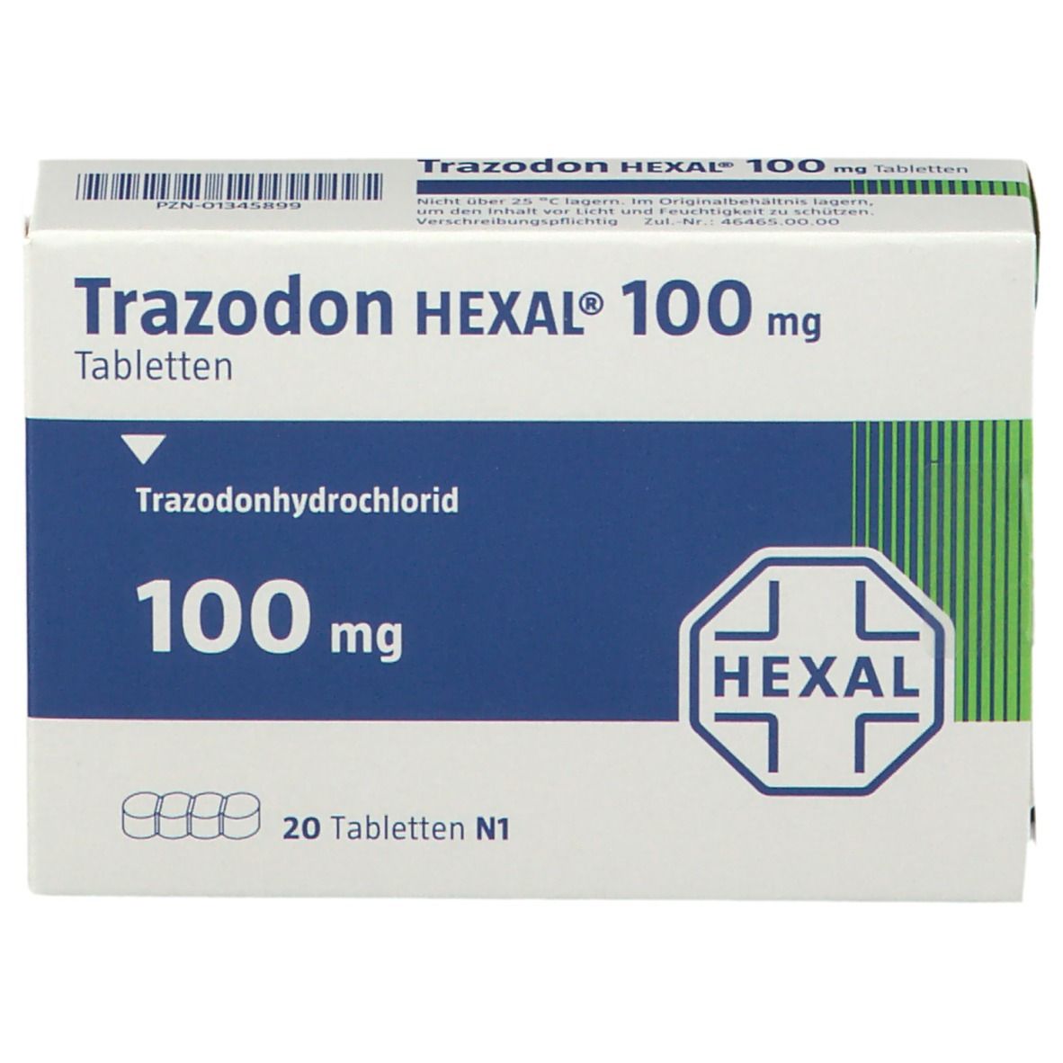 Schachtel Trazodon HEXAL® 100 mg Tabletten. Aufschrift: Trazodonhydrochlorid, 100 mg, 20 Tabletten. HEXAL-Logo.
