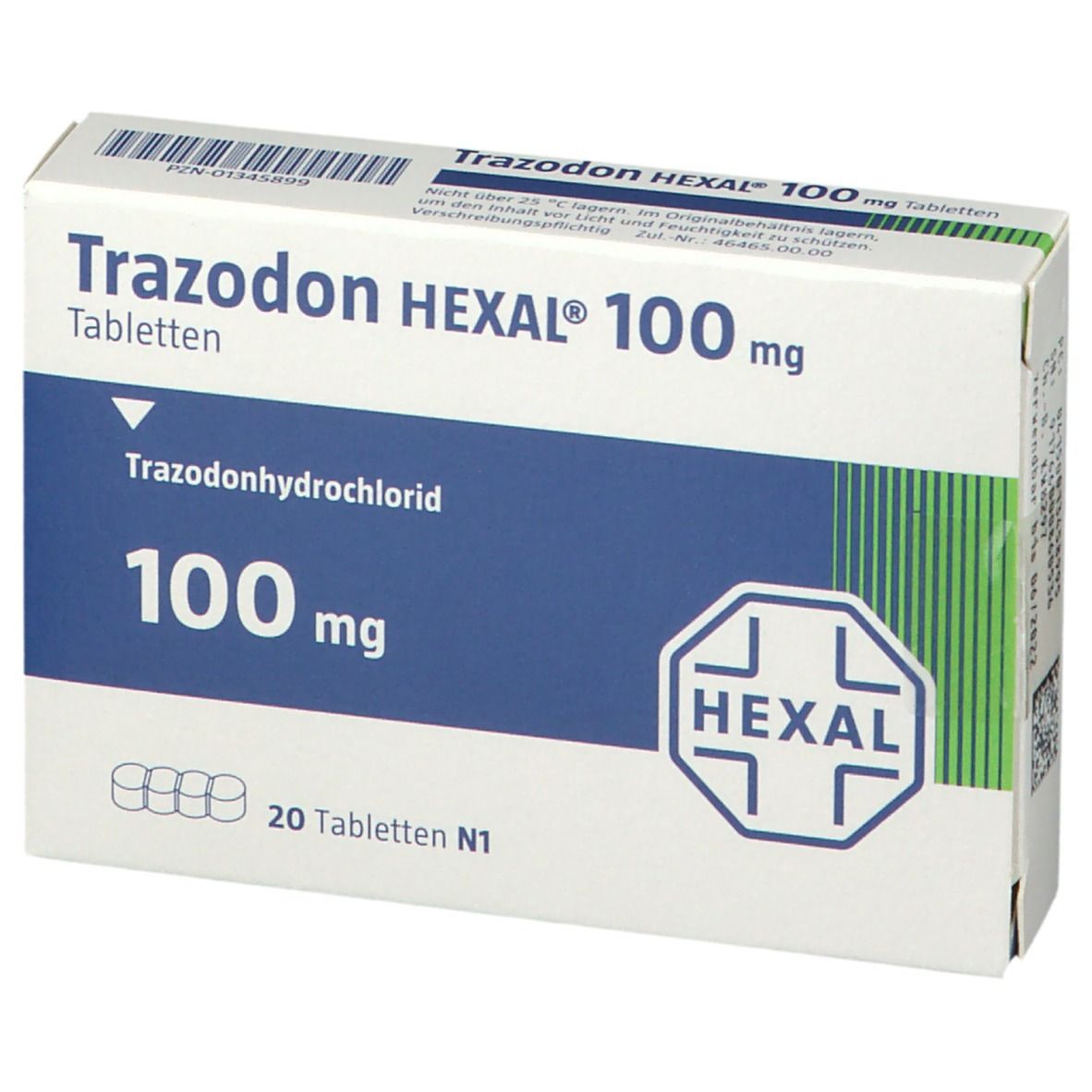 Schachtel Trazodon HEXAL® 100 mg Tabletten. Aufschrift: Trazodonhydrochlorid, 100 mg, 20 Tabletten. HEXAL-Logo.
