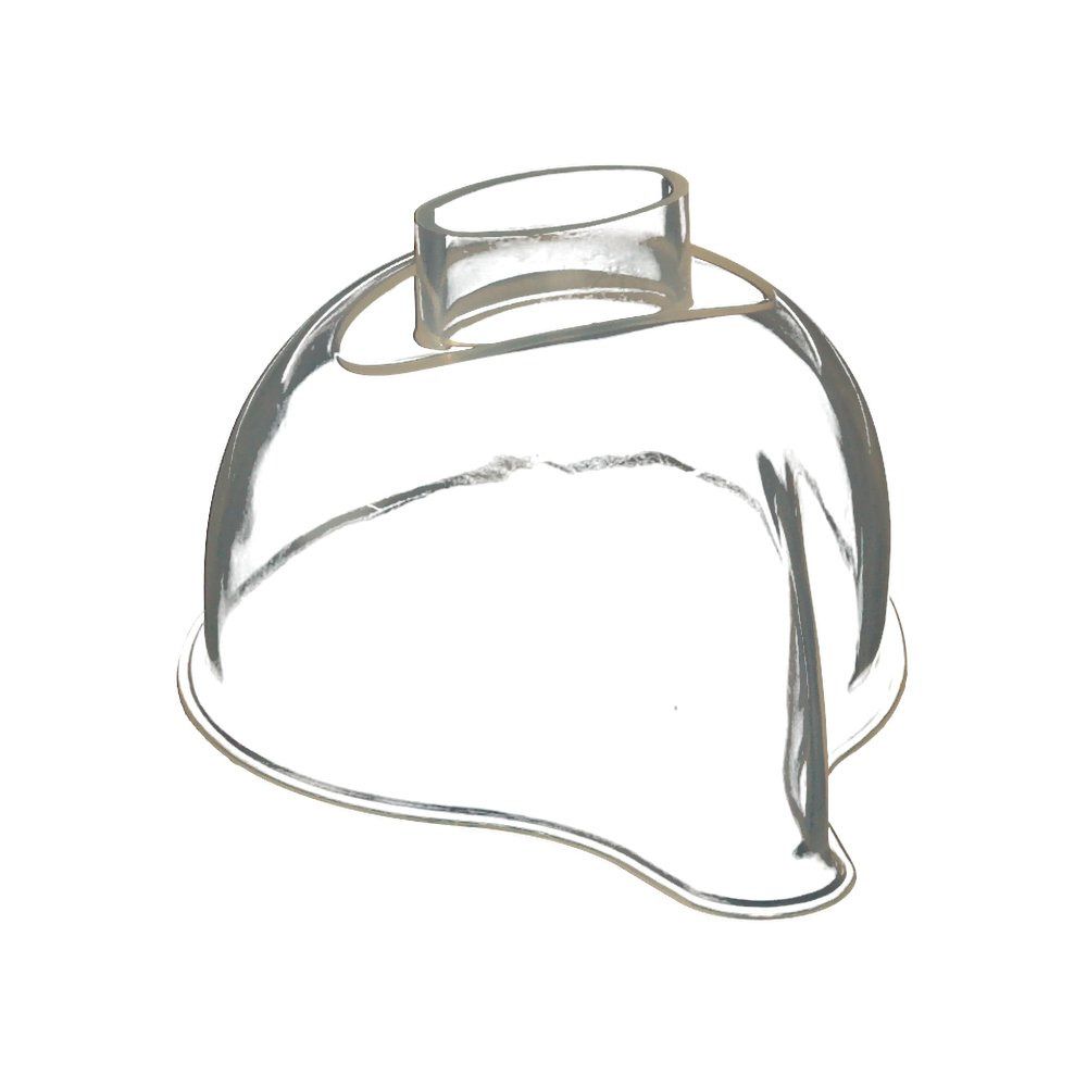Durchsichtige Maske mit zylindrischem Anschluss. Auf weißem Hintergrund.