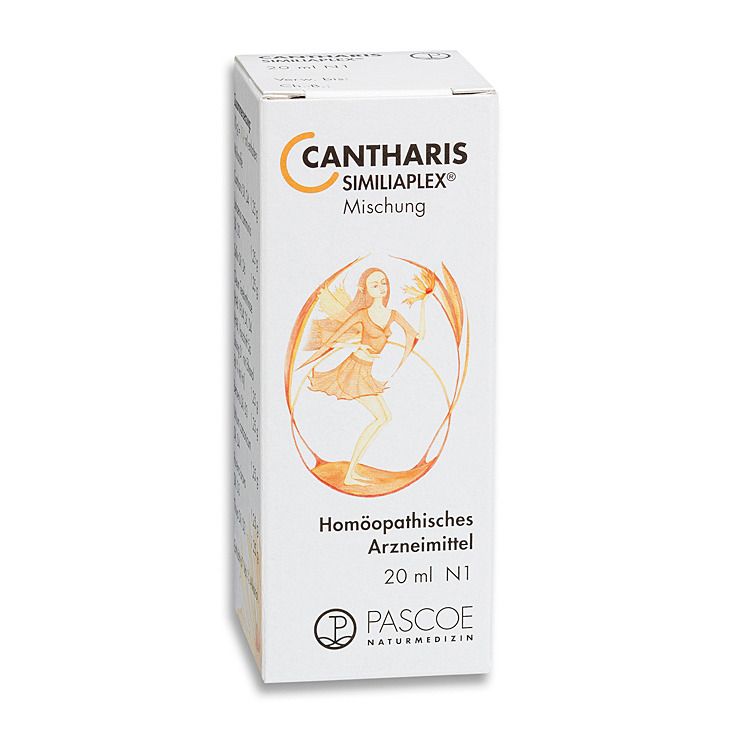 Weiße Faltschachtel mit CANTHARIS SIMILIAPLEX®. Aufdruck: Homöopathisches Arzneimittel, 20 ml N1. Logo PASCOE Naturmedizin.