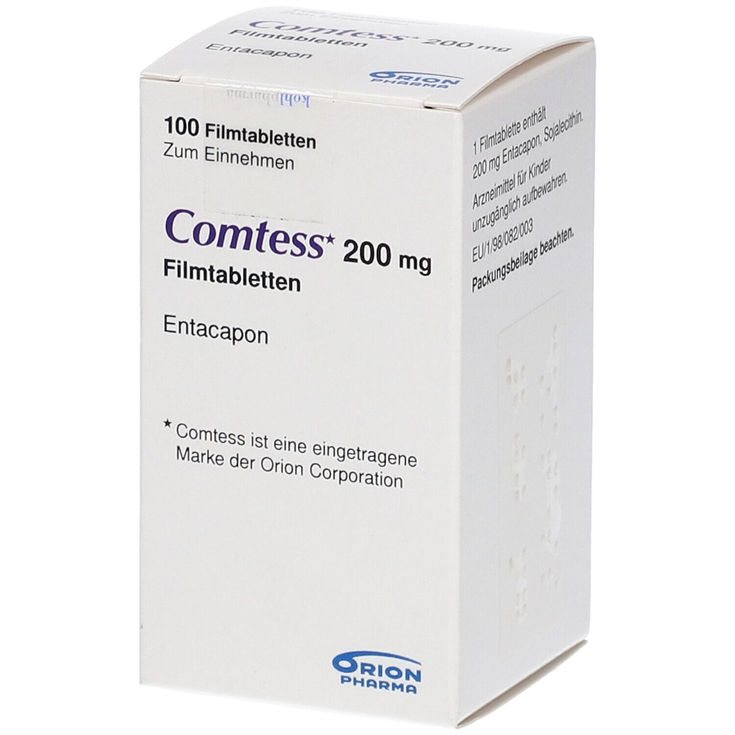 Schachtel mit COMTESS Filmtabletten. Aufschrift: 200 mg, 100 Filmtabletten. Marke Orion Pharma.