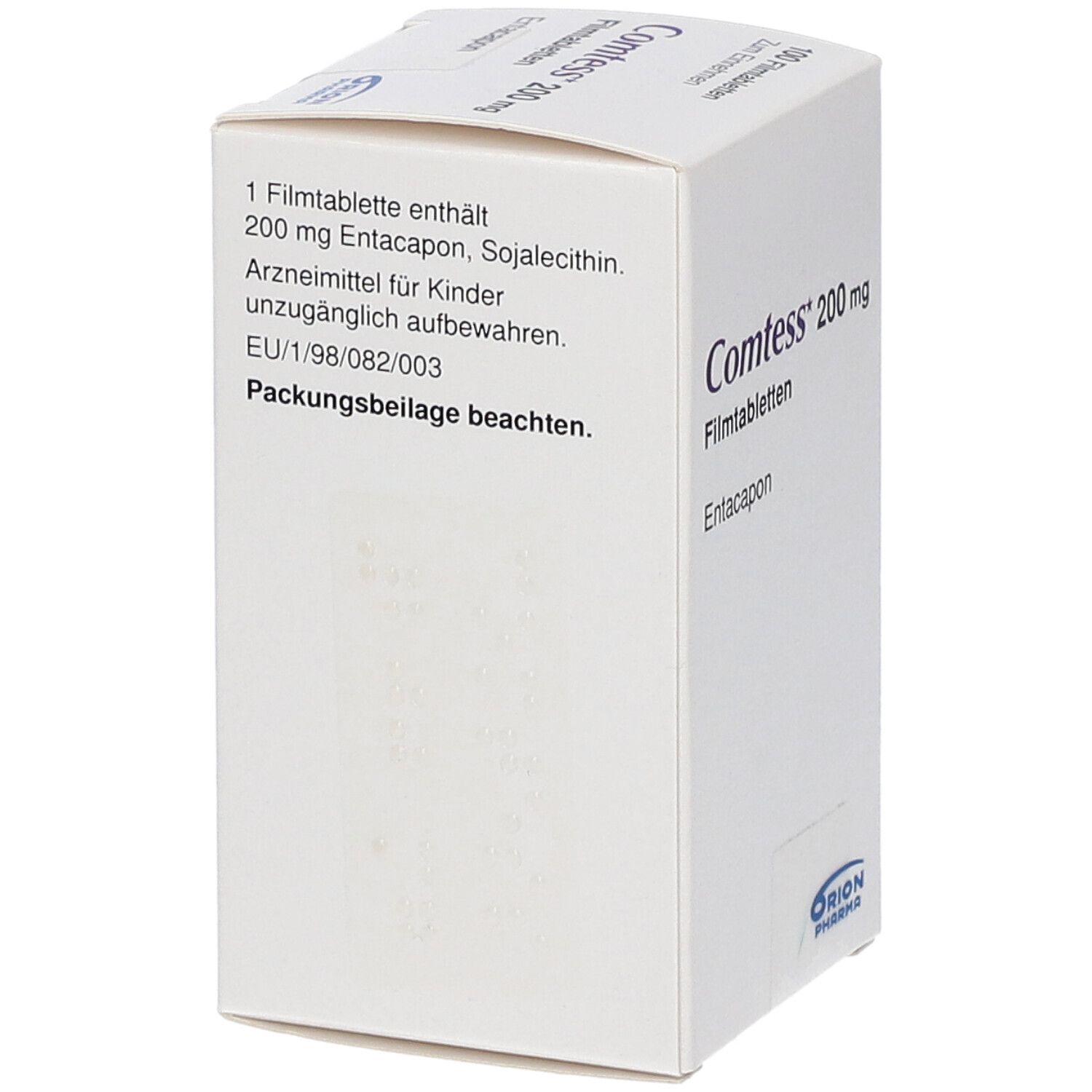Schachtel mit COMTESS Filmtabletten. Aufschrift: 200 mg, 1 Filmtablette enthält. Marke Orion Pharma.