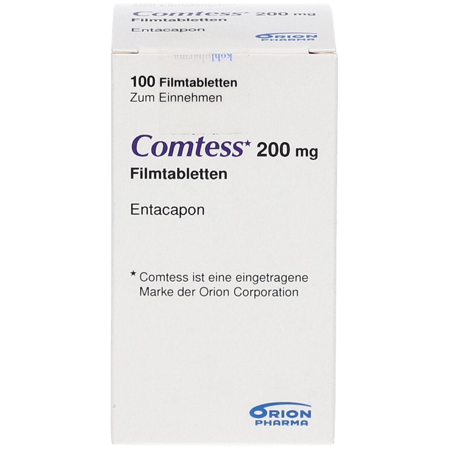 Schachtel mit COMTESS Filmtabletten. Aufschrift: 200 mg, 100 Filmtabletten. Marke Orion Pharma.