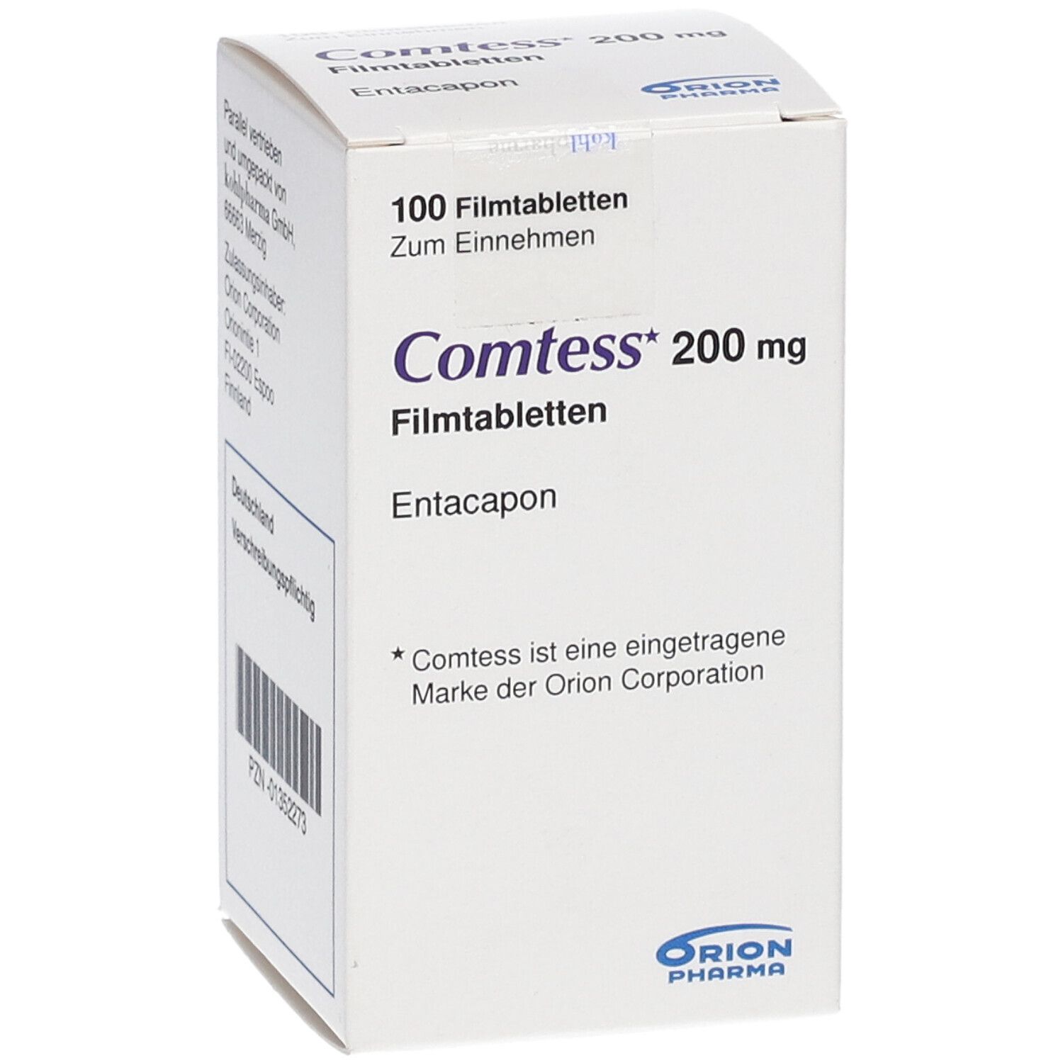 Schachtel mit COMTESS Filmtabletten. Aufschrift: 200 mg, 100 Filmtabletten. Marke Orion Pharma. Rückseite mit Barcode.