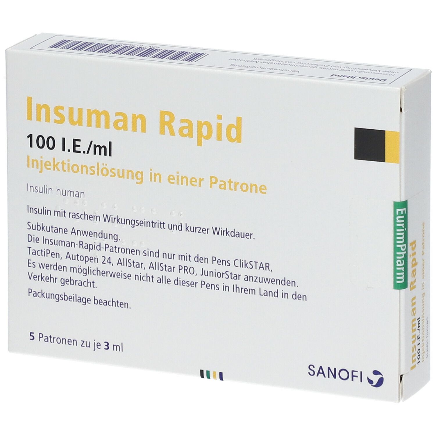 Weiße Verpackung mit Aufschrift Insuman Rapid 100 I.E./ml. Enthält 5 Patronen. Sanofi Logo.