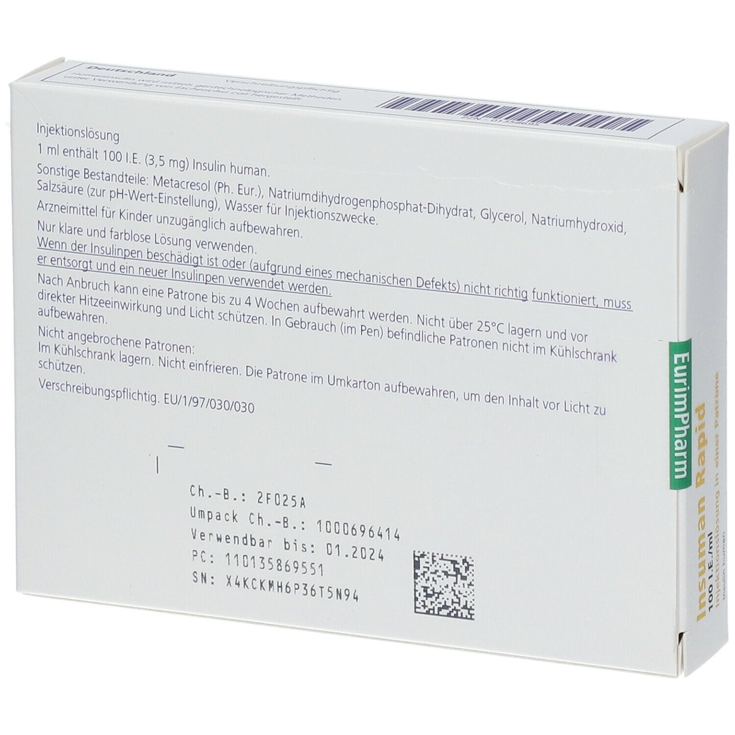 Rückseite der weißen Verpackung mit Text. Enthält Informationen zu Inhaltsstoffen und Lagerung.