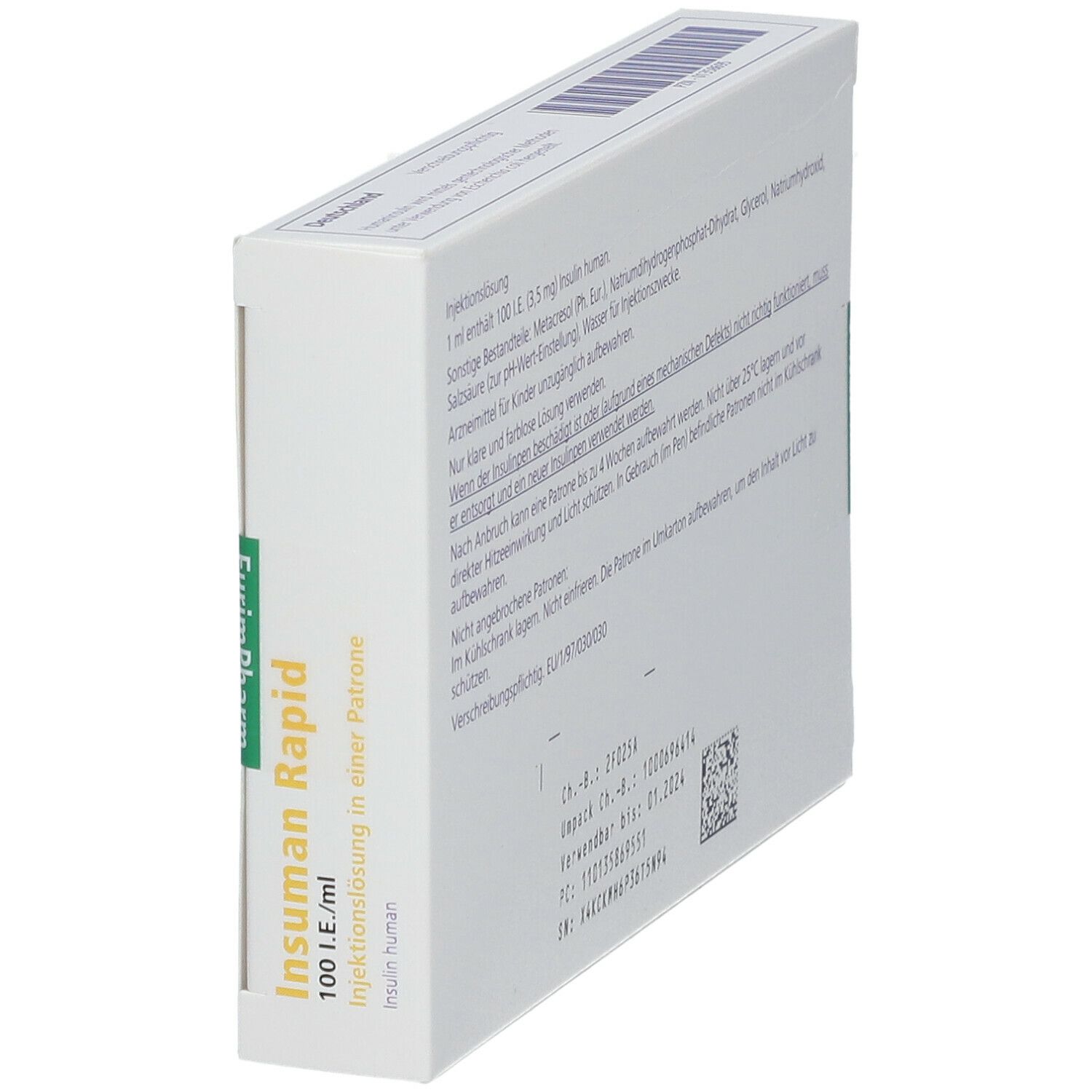 Schräg stehende weiße Verpackung mit Text. Enthält Informationen zu Inhaltsstoffen und Lagerung.