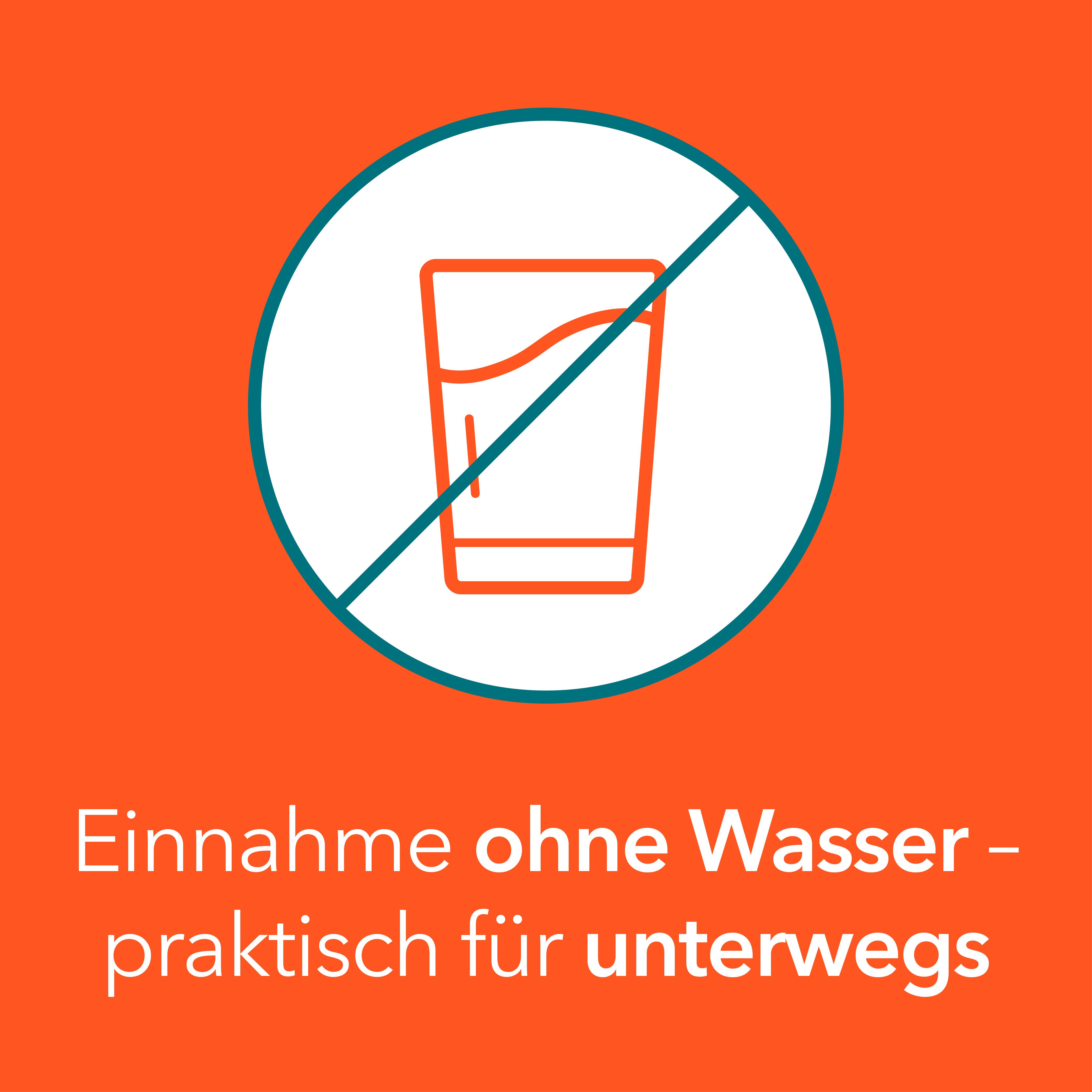 Glas mit durchgestrichenem Symbol. Orange Balken mit Text: Einnahme ohne Wasser - praktisch für unterwegs.