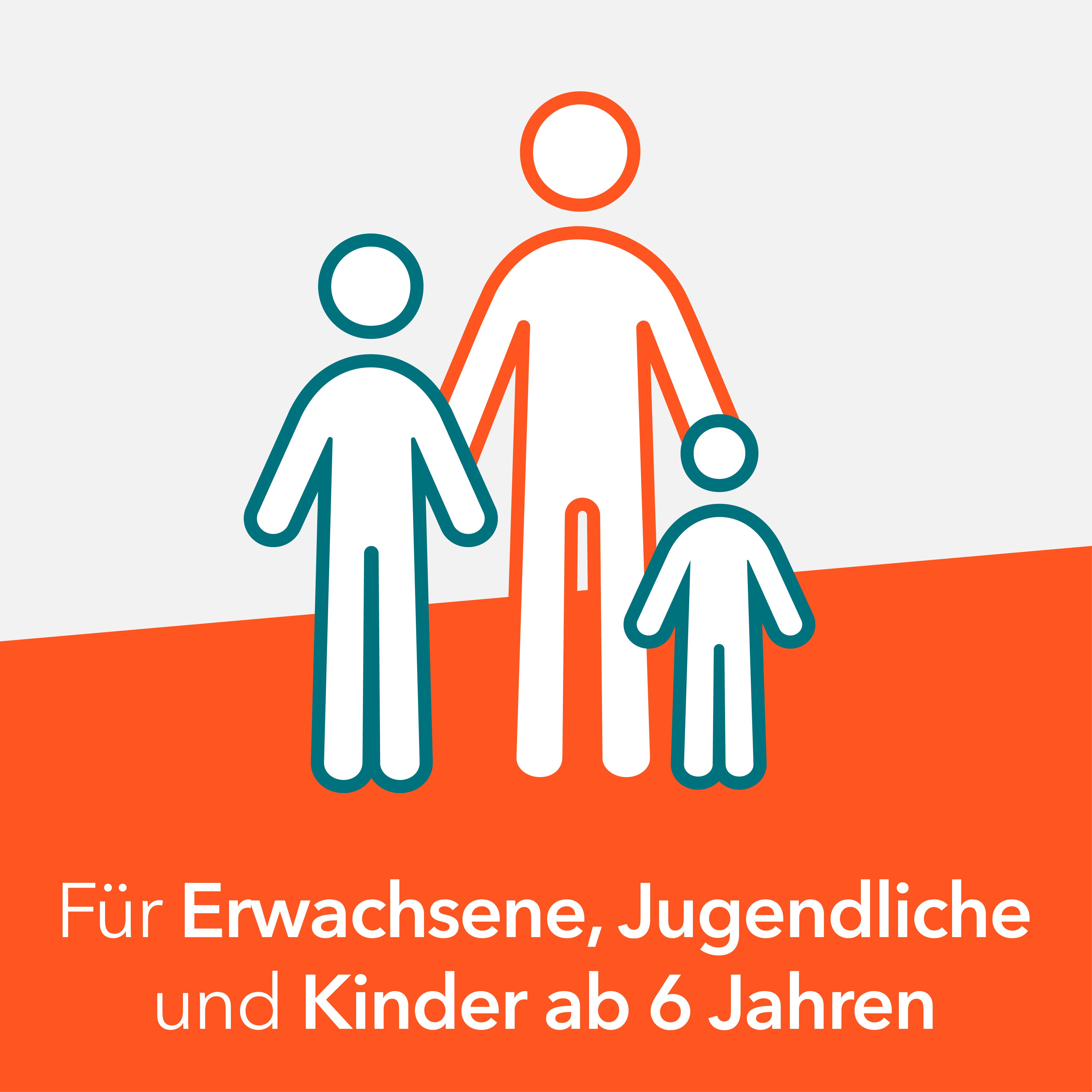 Illustration von Erwachsenen und Kindern. Orangefarbener Balken mit Text: Für Erwachsene, Jugendliche und Kinder ab 6 Jahren.