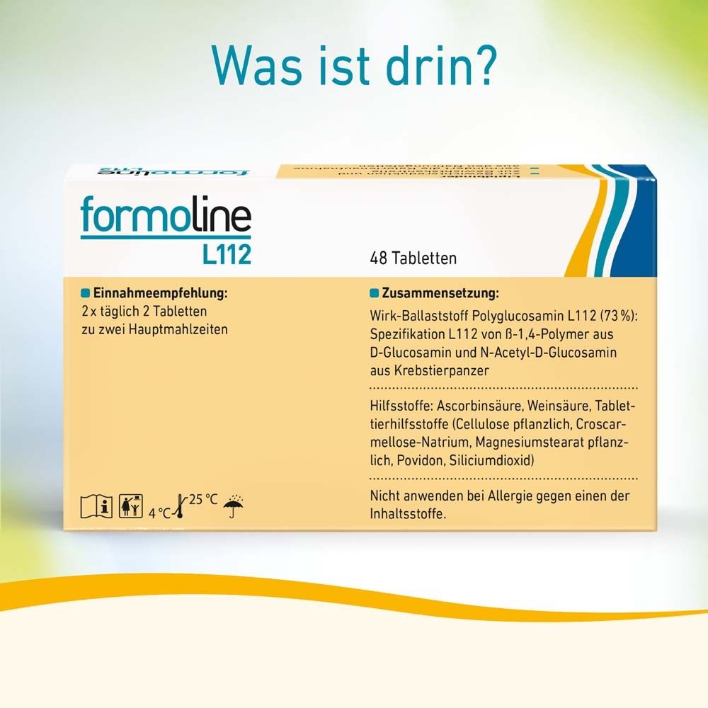 Schachtel formoline L112, 48 Tabletten. Text: Einnahmeempfehlung, Zusammensetzung.