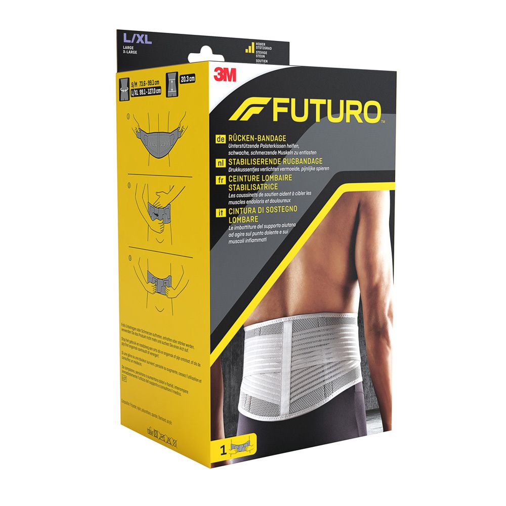 FUTURO™ L-XL Verpackung. Produktabbildung, Größenangaben und Anwendungshinweise. Bandage am Rücken einer Person.