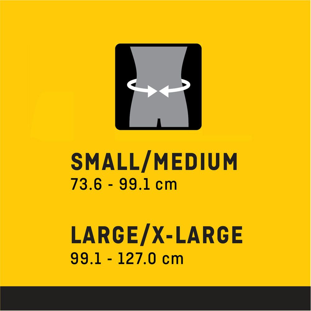 Größenangaben für FUTURO™ Rücken-Bandage. Small/Medium und Large/X-Large. Gelber Hintergrund.