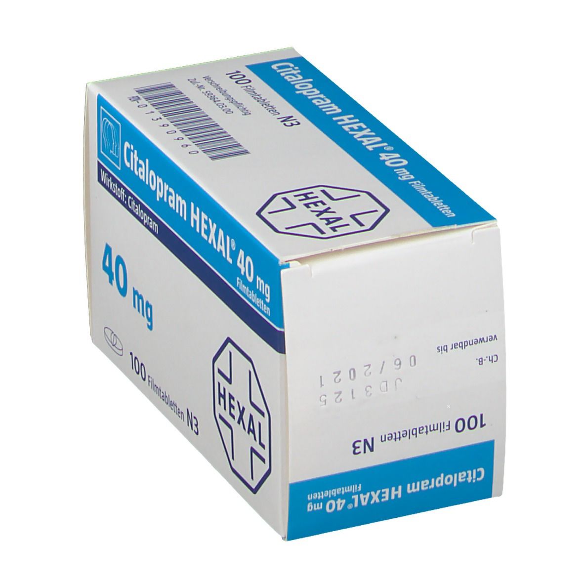 Citalopram HEXAL 40 mg Filmtabletten-Packung. Enthält 100 Tabletten. Aufschrift: 40 mg, HEXAL-Logo.