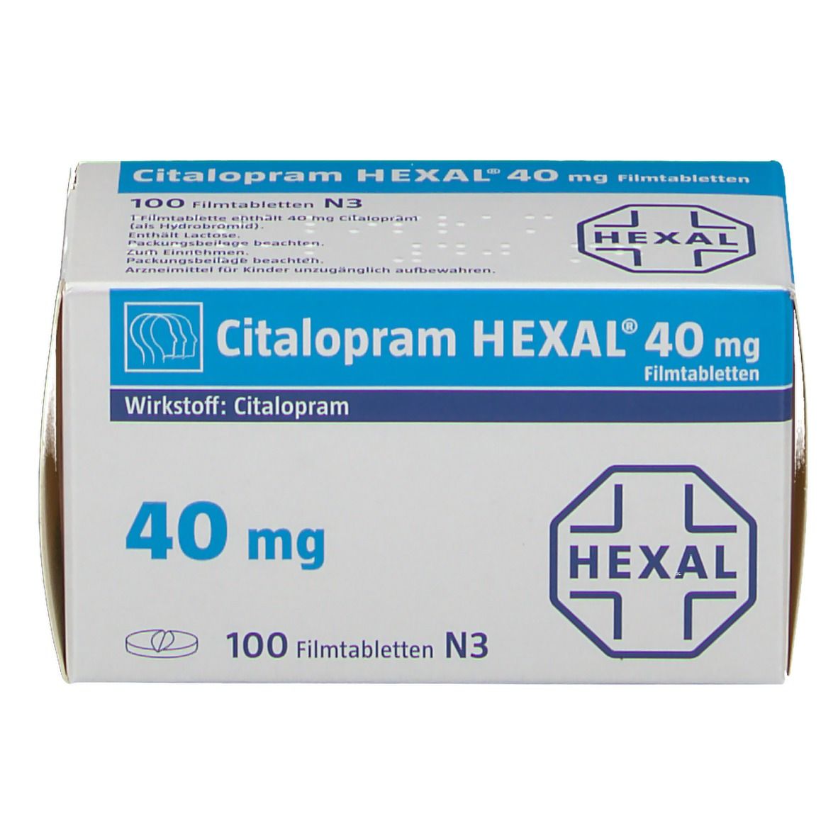 Citalopram HEXAL 40 mg Filmtabletten-Packung. Enthält 100 Tabletten. Aufschrift: 40 mg, HEXAL-Logo.