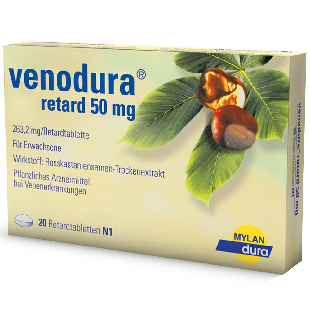 Verpackung von venodura® retard 50 mg. Aufschrift: 20 Retardtabletten N1. Mit Rosskastanie und Blättern. Marke: MYLAN dura.