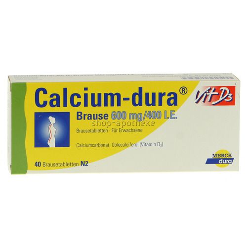 Calcium-dura Brausetabletten-Packung. Enthält 40 Brausetabletten. Aufschrift: 600 mg/400 I.E. Vit. D3. Mit Merck dura Logo.