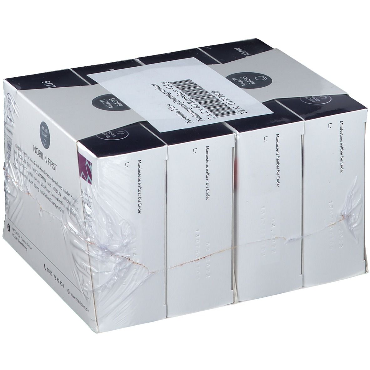 Verpackung von Nobilin First. Mehrere Schachteln in Folie verpackt. Aufdruck: Nobilin First, Multi Basis, MEDICOM.