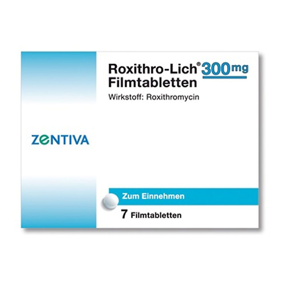 Verpackung von Roxithro-Lich 300mg Filmtabletten. Enthält 7 Tabletten. Marke ZENTIVA. Wirkstoff: Roxithromycin. Zum Einnehmen.