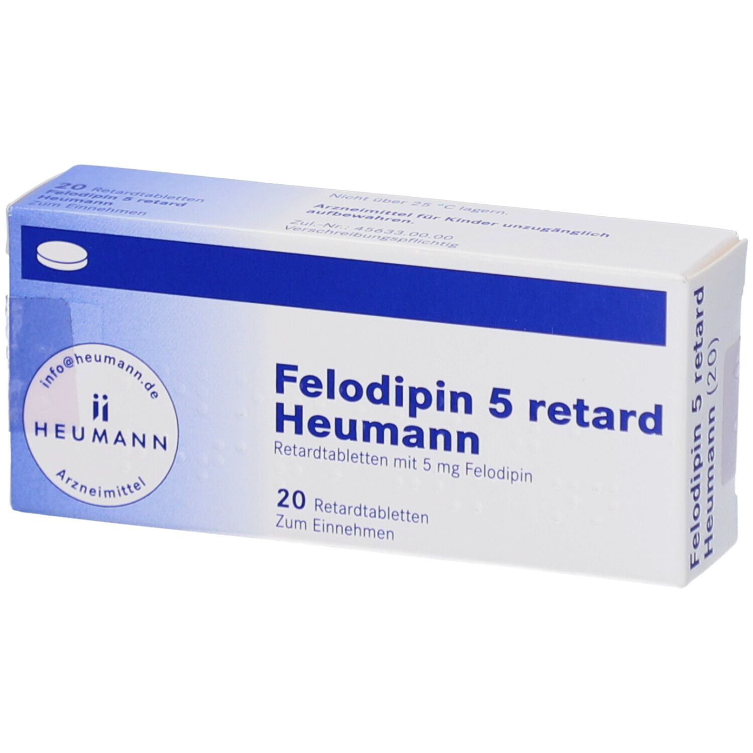 Felodipin 5 retard Heumann, 20 Retardtabletten. Weiße Schachtel mit blauer Schrift. Heumann Logo.