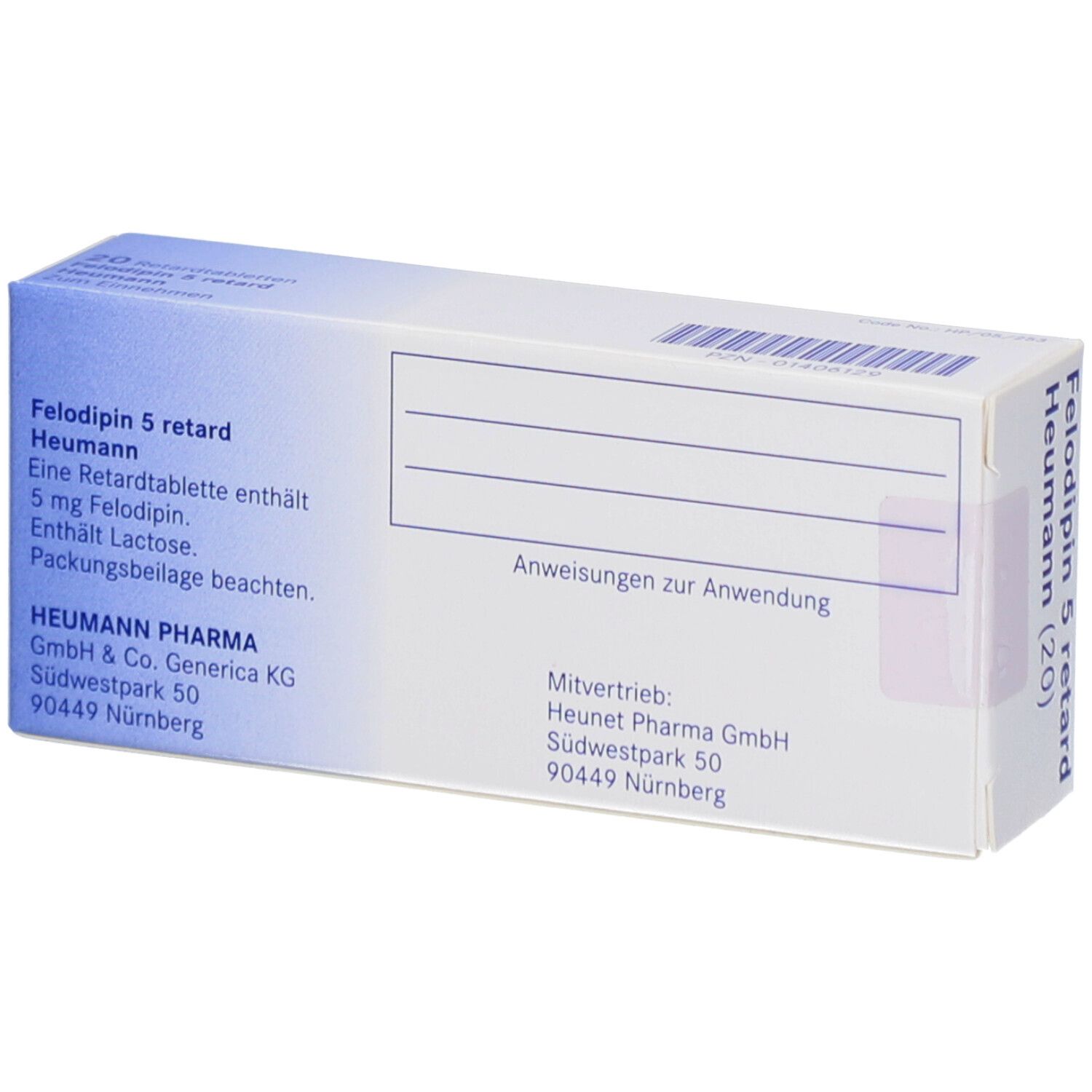 Rückseite der Felodipin 5 retard Heumann Schachtel. Textfelder und Firmenadresse. Weiße Schachtel mit blauer Schrift.