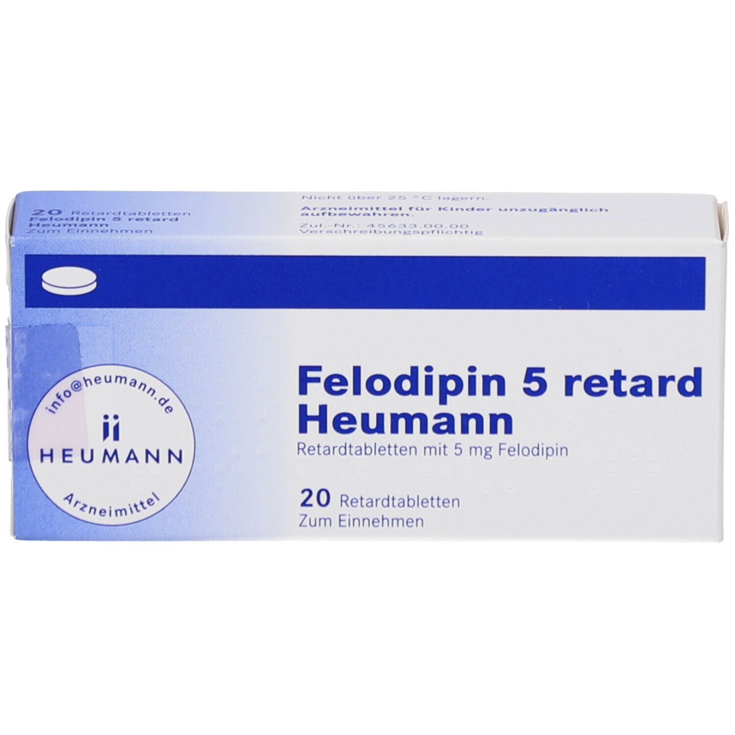 Felodipin 5 retard Heumann, 20 Retardtabletten. Weiße Schachtel mit blauer Schrift. Heumann Logo.